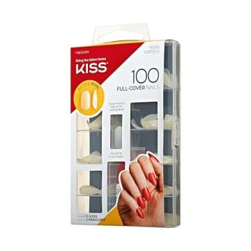 KISS 100 Full Cover Fake Nails Manicure Kit, 10 Sizes, 5 Manicures, Medium Length, Active Oval, 100 Nails
