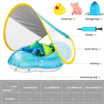 Jhua Baby Swimming Float Ring with Canopy, Inflatable Baby Swimming Pool Floats Newest with UPF 50 UV Sun Protection Canopy for Age of 6-30 Months, Include Carring Bag, Air Pump & Float Toys(Blue, L)