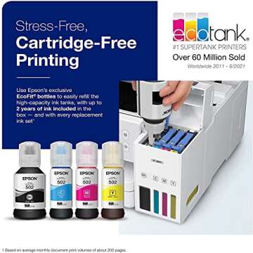 Epson EcoTank Wireless Color All-in-One Cartridge-Free ET-3850 Supertank Inkjet Printer for Home Off...