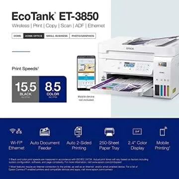 Epson EcoTank Wireless Color All-in-One Cartridge-Free ET-3850 Supertank Inkjet Printer for Home Office, Scanner, Copier, ADF and Ethernet, Mobile Printing, with Bonus Black Ink Bottle & USB Cable
