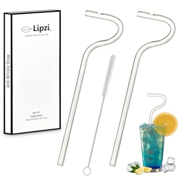 Lipzi Glass Straws - Eco-Friendly Anti-Wrinkle Drinking Straws with Brush, Clear 2 Pack