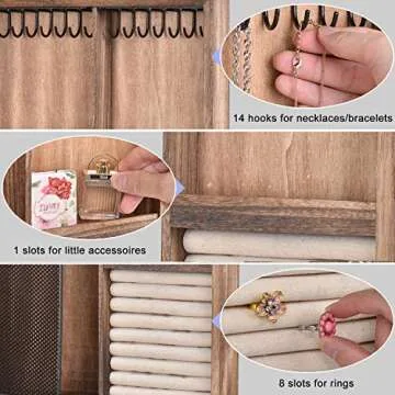 Rustic Wood Jewelry Organizer Large Capacity Wall Mounted