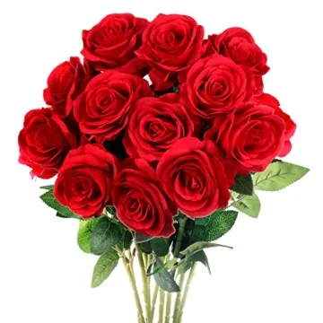 Mocoosy 12PCS Red Roses Artificial Silk Flowers, Fake Roses with Long Stems Realistic Faux Rose Bouq...