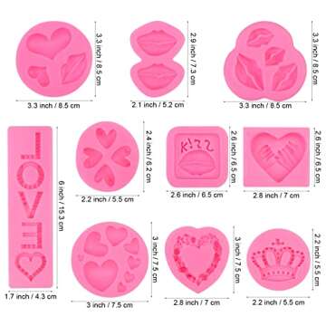 ADXCO 10 Pieces Valentine's Day Fondant Molds Set Valentine's Day Theme Fondant Molds Heart Lip Rose Crown Chocolate Candy Silicone Molds for DIY Cake Cupcake Clay Crafting Project