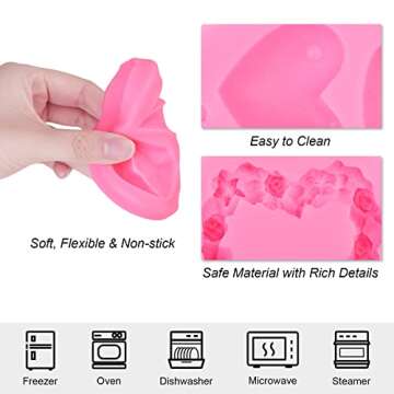 ADXCO 10 Pieces Valentine's Day Fondant Molds Set Valentine's Day Theme Fondant Molds Heart Lip Rose Crown Chocolate Candy Silicone Molds for DIY Cake Cupcake Clay Crafting Project