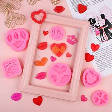 ADXCO 10 Pieces Valentine's Day Fondant Molds Set Valentine's Day Theme Fondant Molds Heart Lip Rose Crown Chocolate Candy Silicone Molds for DIY Cake Cupcake Clay Crafting Project