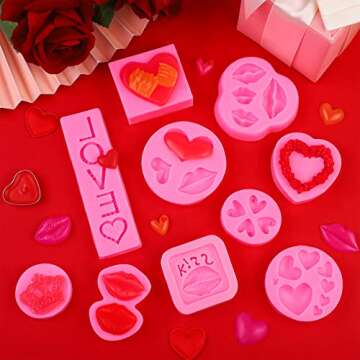 ADXCO 10 Pieces Valentine's Day Fondant Molds Set Valentine's Day Theme Fondant Molds Heart Lip Rose Crown Chocolate Candy Silicone Molds for DIY Cake Cupcake Clay Crafting Project