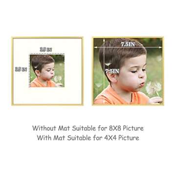 Frametory, 8x8 Gold Aluminum Picture Frame - Set of 2 - Ideal for Displaying 4x4 Photos with Mat or 8x8 Without Mat - Real Glass Front - Simple Gallery Wall Frames for Art Prints and Posters