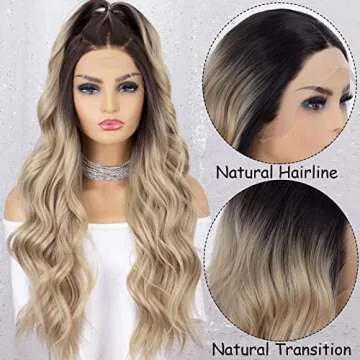 K'ryssma Ombre Blonde Lace Front Wig with Dark Roots Long Wavy Ombre Synthetic Wig Glueless Heat Resistant Wigs for Women