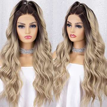 K'ryssma Ombre Blonde Lace Front Wig with Dark Roots Long Wavy Ombre Synthetic Wig Glueless Heat Resistant Wigs for Women