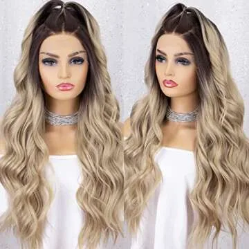 K'ryssma Ombre Blonde Lace Front Wig with Dark Roots Long Wavy Ombre Synthetic Wig Glueless Heat Resistant Wigs for Women