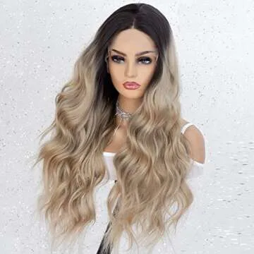 K'ryssma Ombre Blonde Lace Front Wig with Dark Roots Long Wavy Ombre Synthetic Wig Glueless Heat Resistant Wigs for Women