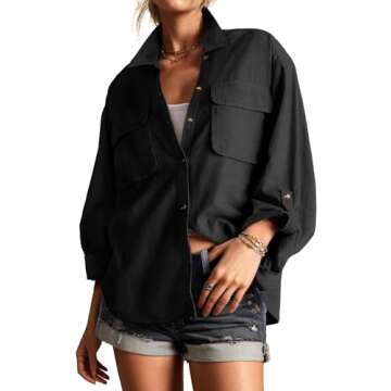 Womens Long Sleeve Shacket Roll-up 3/4 Sleeves Shirts Jacket Loose Button Down Shirts Blouses Tops Black