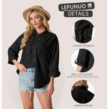Womens Long Sleeve Shacket Roll-up 3/4 Sleeves Shirts Jacket Loose Button Down Shirts Blouses Tops Black