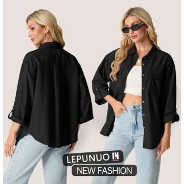 Womens Long Sleeve Shacket Roll-up 3/4 Sleeves Shirts Jacket Loose Button Down Shirts Blouses Tops Black