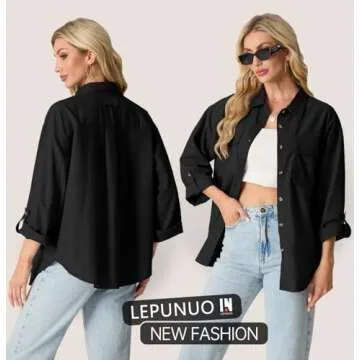 Womens Long Sleeve Shacket Roll-up 3/4 Sleeves Shirts Jacket Loose Button Down Shirts Blouses Tops Black