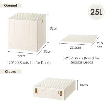SHIMOYAMA Plastic Foldable Kid Storage Box, 25L Storage Toy Bins with Building Base for Duplo Bricks, 26Qt. Toy Chest for Duplo Blocks, White