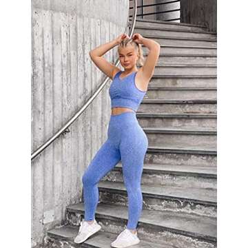 OQQ Yoga Outfit for Women Seamless 2 Piece Workout High Waist Leggings with Sport Bra Activewear Set Blue