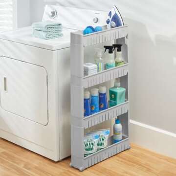 mDesign Portable Slim Plastic Rolling Laundry Utility Cart, Storage Organizer Trolley - Easy-Glide Wheels and 4 Heavy-Duty Shelves, for Laundry, Utility Room, Kitchen or Pantry Storage - Gray