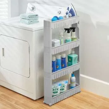 mDesign Portable Slim Plastic Rolling Laundry Utility Cart, Storage Organizer Trolley - Easy-Glide Wheels and 4 Heavy-Duty Shelves, for Laundry, Utility Room, Kitchen or Pantry Storage - Gray