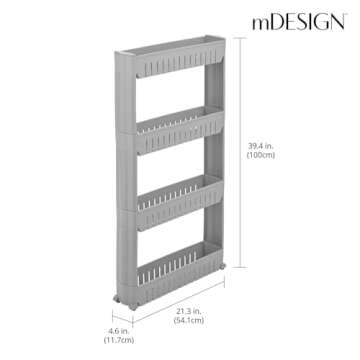 mDesign Portable Slim Plastic Rolling Laundry Utility Cart, Storage Organizer Trolley - Easy-Glide Wheels and 4 Heavy-Duty Shelves, for Laundry, Utility Room, Kitchen or Pantry Storage - Gray