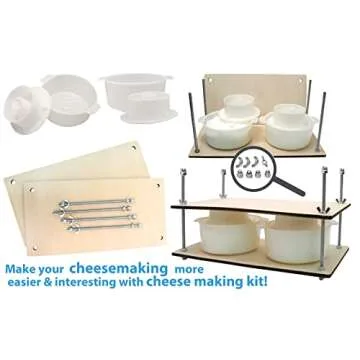 Wooden Cheese Press for Cheese Making Supplies 16in Metal Guides and 2 pcs Cheese Mold with Follower Piston 1.3Qt - large Home Supply Ultimate Cheese Press Machine - Prensa Para Queso Casero