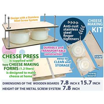 Wooden Cheese Press for Cheese Making Supplies 16in Metal Guides and 2 pcs Cheese Mold with Follower Piston 1.3Qt - large Home Supply Ultimate Cheese Press Machine - Prensa Para Queso Casero