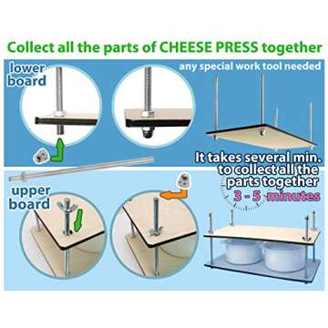Wooden Cheese Press for Cheese Making Supplies 16in Metal Guides and 2 pcs Cheese Mold with Follower Piston 1.3Qt - large Home Supply Ultimate Cheese Press Machine - Prensa Para Queso Casero