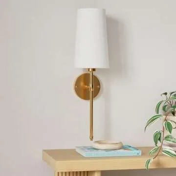 Battery Operated Wall Sconce Light with Remote Control, Dimmable Set of 2 White Fabric Shade, Indoor...