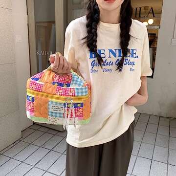 Large Cotton Makeup Bag Travel Cosmetic Bag Quilted Cosmetic Pouch Coquette Aesthetic Floral Toiletr...