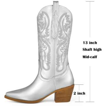 Ouepiano Silver Cowboy Boots for Women - Wide Calf Cowgirl Boots Mid-Calf Western Boots with Classic...