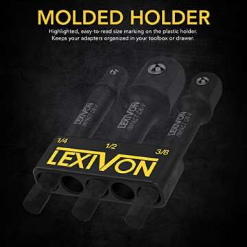 LEXIVON Impact Grade Socket Adapter Set, 3" Extension Bit With Holder | 3-Piece 1/4", 3/8", and 1/2" Drive, Adapt Your Power Drill To High Torque Impact Wrench (LX-101)