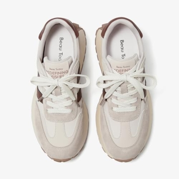 BEAU TODAY Fashion Sneakers for Women, Casual Walking Sneakers for Women, Genuine Leather Chunky Platform Retro Sneakers, Comfortable Non-Slip Tennis Running Shoes Beige US 7