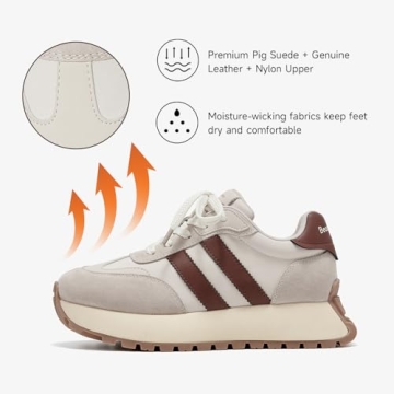 BEAU TODAY Fashion Sneakers for Women, Casual Walking Sneakers for Women, Genuine Leather Chunky Platform Retro Sneakers, Comfortable Non-Slip Tennis Running Shoes Beige US 7