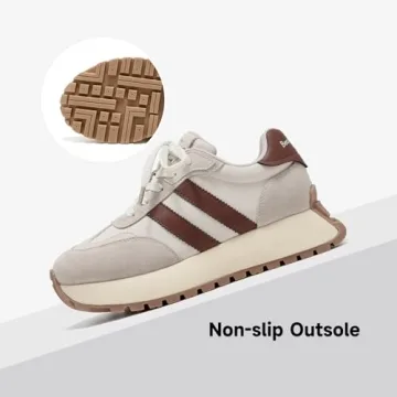 BEAU TODAY Fashion Sneakers for Women, Casual Walking Sneakers for Women, Genuine Leather Chunky Platform Retro Sneakers, Comfortable Non-Slip Tennis Running Shoes Beige US 7