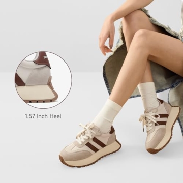 BEAU TODAY Fashion Sneakers for Women, Casual Walking Sneakers for Women, Genuine Leather Chunky Platform Retro Sneakers, Comfortable Non-Slip Tennis Running Shoes Beige US 7