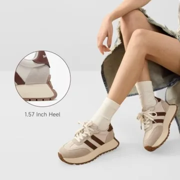 BEAU TODAY Fashion Sneakers for Women, Casual Walking Sneakers for Women, Genuine Leather Chunky Platform Retro Sneakers, Comfortable Non-Slip Tennis Running Shoes Beige US 7
