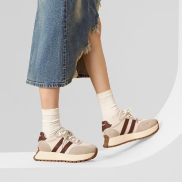 BEAU TODAY Fashion Sneakers for Women, Casual Walking Sneakers for Women, Genuine Leather Chunky Platform Retro Sneakers, Comfortable Non-Slip Tennis Running Shoes Beige US 7