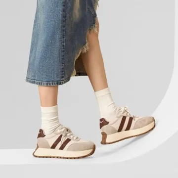 BEAU TODAY Fashion Sneakers for Women, Casual Walking Sneakers for Women, Genuine Leather Chunky Platform Retro Sneakers, Comfortable Non-Slip Tennis Running Shoes Beige US 7
