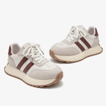 BEAU TODAY Fashion Sneakers for Women, Casual Walking Sneakers for Women, Genuine Leather Chunky Platform Retro Sneakers, Comfortable Non-Slip Tennis Running Shoes Beige US 7
