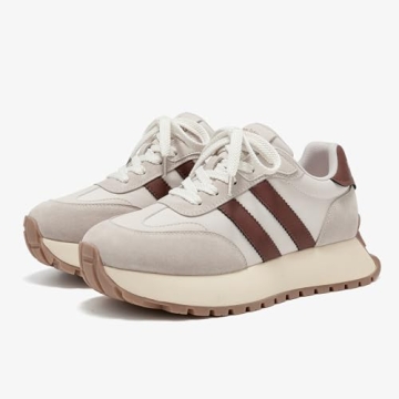 BEAU TODAY Fashion Sneakers for Women, Casual Walking Sneakers for Women, Genuine Leather Chunky Platform Retro Sneakers, Comfortable Non-Slip Tennis Running Shoes Beige US 7