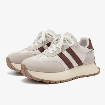 BEAU TODAY Fashion Sneakers for Women, Casual Walking Sneakers for Women, Genuine Leather Chunky Platform Retro Sneakers, Comfortable Non-Slip Tennis Running Shoes Beige US 7