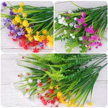 CEWOR 14 Bundles Artificial Flowers, Plants Outdoor, UV Resistant Fake Plastic Flowers Boston Fern Artificial Greenery for Indoor Outdoor Garden Patio Window Kitchen Home Vase Decor (Mix Color)