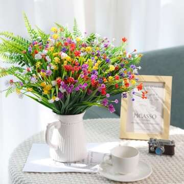 CEWOR 14 Bundles Artificial Flowers, Plants Outdoor, UV Resistant Fake Plastic Flowers Boston Fern Artificial Greenery for Indoor Outdoor Garden Patio Window Kitchen Home Vase Decor (Mix Color)