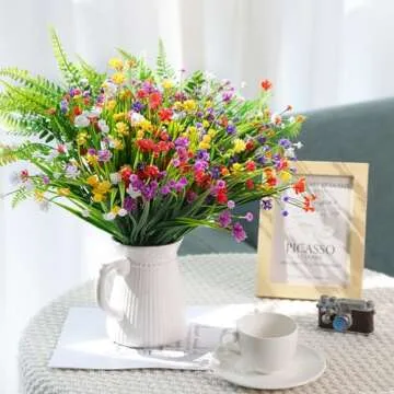 CEWOR 14 Bundles Artificial Flowers, Plants Outdoor, UV Resistant Fake Plastic Flowers Boston Fern Artificial Greenery for Indoor Outdoor Garden Patio Window Kitchen Home Vase Decor (Mix Color)