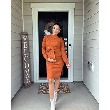 Maternity Knit Midi Sweater Dress Tie Waist Dress Fall Lantern Sleeve Dress Orange M