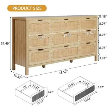 QEIUZON 9 Drawer Dresser, Modern Rattan Dresser Chest with Large Storage and Metal Handles, Rustic W...