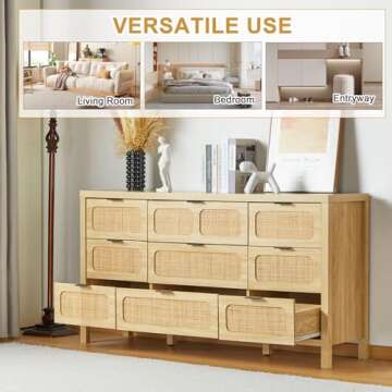 QEIUZON 9 Drawer Dresser, Modern Rattan Dresser Chest with Large Storage and Metal Handles, Rustic Wood Storage Chest of Drawers for Bedroom, Living Room, Entryway (Natural)