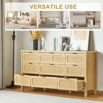 QEIUZON 9 Drawer Dresser, Modern Rattan Dresser Chest with Large Storage and Metal Handles, Rustic Wood Storage Chest of Drawers for Bedroom, Living Room, Entryway (Natural)