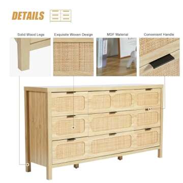 QEIUZON 9 Drawer Dresser, Modern Rattan Dresser Chest with Large Storage and Metal Handles, Rustic Wood Storage Chest of Drawers for Bedroom, Living Room, Entryway (Natural)